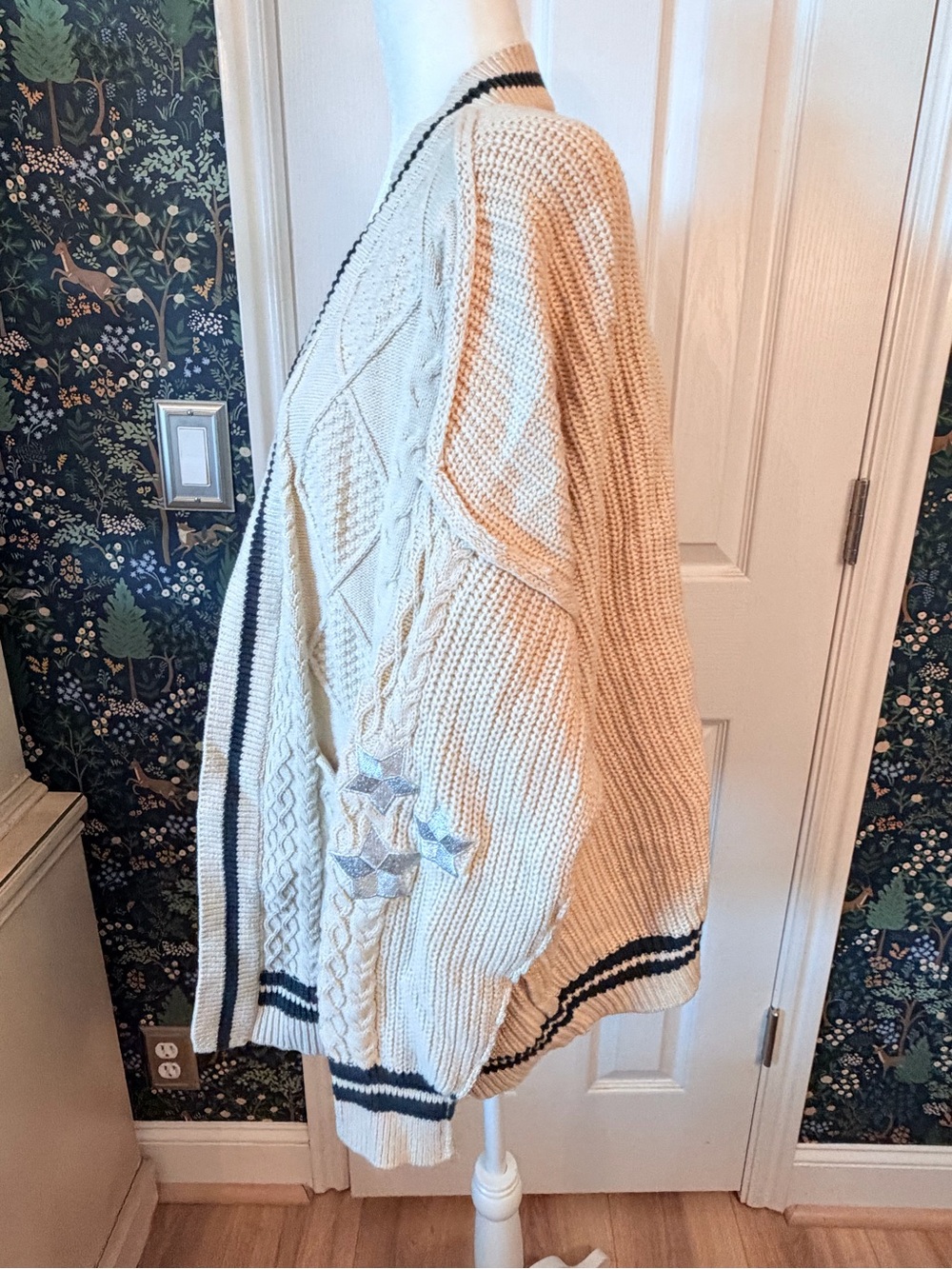 Cream Cable Knit Folklore Cardigan with silver stars